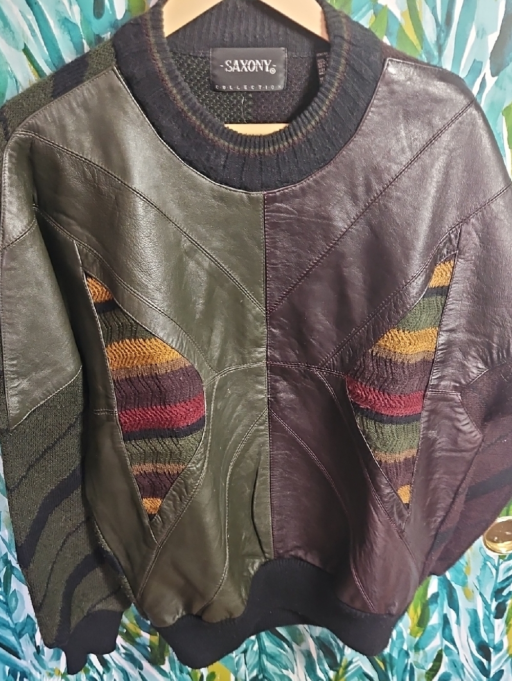 Saxony Vintage Colorblock Leather & Knit Men's Sweater - Olive & Burgundy